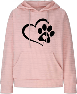 Cute Dog Paw Heart Print Hoodies for Women Dog Lover Winter Casual Waffle Knit Hooded Sweatshirts Pullover Tops with Pocket Small Pink