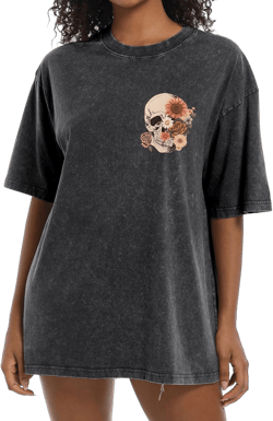 Bobeutou Oversized Vintage T Shirts for Women Skull Shirts Skeleton Gothic Graphic Acid Wash Tshirts Baggy Tee Crew Neck Tops Black Large