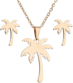 Stainless Steel Hawaii Tropical Plant Pendant Necklace for Women Coconut Palm Tree Stud Earrings Beach Set Jewelry (Gold)