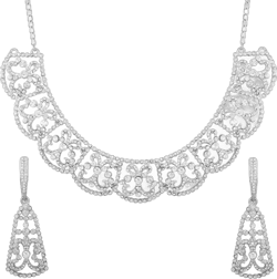 Touchstone Indian Hollywood Fashion Handcrafted Filigree Rhinestone Designer Jewelry Grand Bridal Hassle Necklace Set in Gold Or White Tone for Women. D234 White