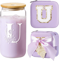 AYGXU Travel Gifts for Women Girls,Small Jewelry Organizer Box,Bridesmaid Proposal Gifts,glass cup with bamboo lid and straw,aesthetic cups,coffee cups,Graduation Gifts for Her Initial U purple U purple set