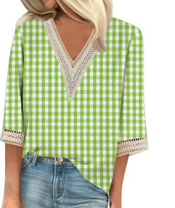 Womens 3/4 Sleeve Tops Dressy Casual Boho Floral Print Blouse Loose Fit Summer Lace Trim V Neck Tunic Tops T Shirts #20green XX-Large
