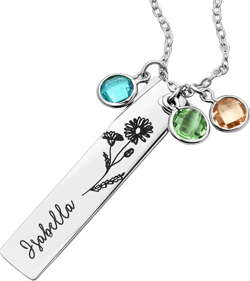 Personalized Birthstone and Birth Flower Bar Necklace, Custom Floral Jewelry, Engraved Name Gift for Mom, Mother's Day Gift for Women, Handmade Necklace for Her – 8N-FLBS-S