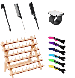 Laflare Braiding Rack for Hair with Comb set & Braid Gel Wristband & Hair clip, Hair Rack (Hair Extension Holder with 60 Pegs,) with Hair Braiding Accessories (WOOD COLOR COMBO4)