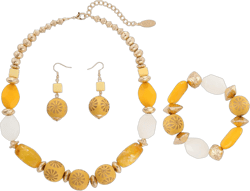 Bocar Chunky Wooden Beaded Collar Necklace Earrings Bracelet Handmade 3 Sets for Women Gift Amber Yellow