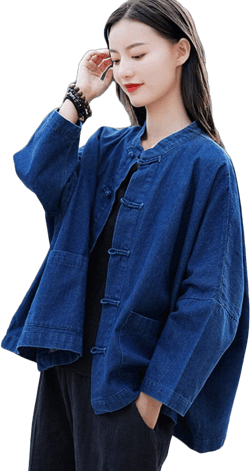 NFYM Women's Denim Jacket, Long Sleeve Vintage Hand Made Frog Buttons Loose Oversize Jean Jacket Coat One Size Deep Blue