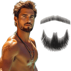 Fake Beard Realistic 100% Human Hair Full Hand Tied Goatee False Beards Lace Invisible Fake Mustache for Halloween Dressing Men Makeup Entertainment/Drama/Party/Movie Prop (Black)