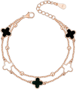 Double Layered 4 Leaf Clover Bracelet, S925 Silver 18K Rose Gold Plated & Adjustable - Clover Charm Bracelet Jewelry for Women