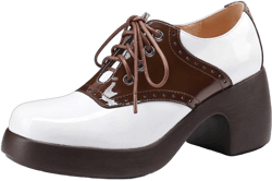 Women's Saddle Shoes, Retro Perforated Leather Oxfords, Platform Lace Up High Chunky Heels Pumps 7 Brown & White
