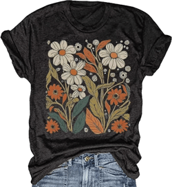 Women's Vintage Flowers Shirt Casual Boho Floral Printed T-Shirt Sunflower Wildflowers Graphic Tees Tops for Girl Large 2024-38-black