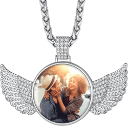 ChainsHouse Personalized Custom Picture Pendant Necklace for Women Men, Stainless Steel/18K Gold Plated Oval/Round/Heart/Frame/Wing/Hamsa Hand/Evil Eye Text Engrave Photo Customized Jewelry E: CZ Wing-Silver