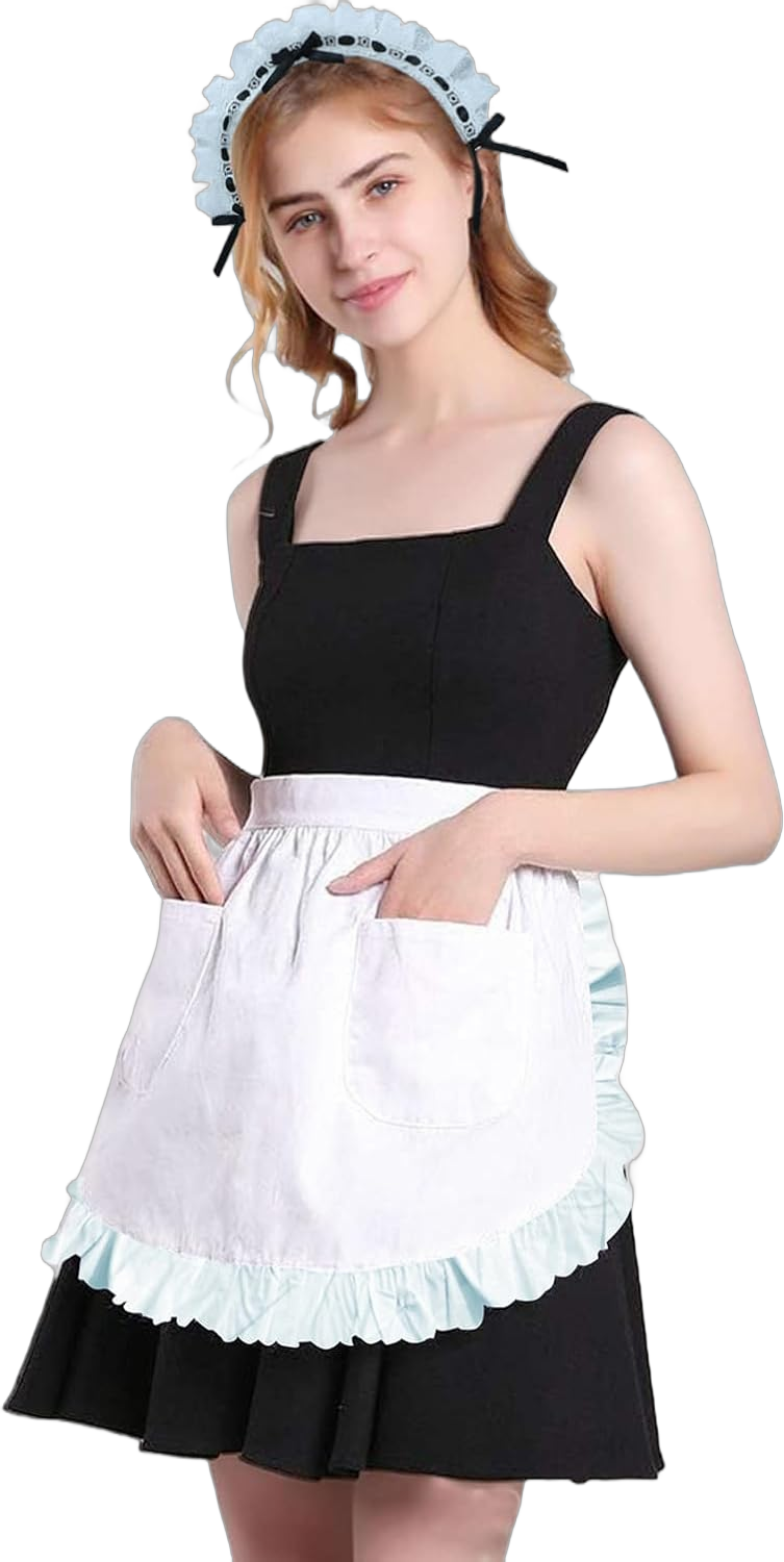PURFUN 2Pcs Maid Costume Headband Apron Set, Women Cosplay Roleplay Halloween Costume Lace Bowknot Headband White Waist Apron Maid Outfit Accessory Bistro Coffee Shop Waitress Apron