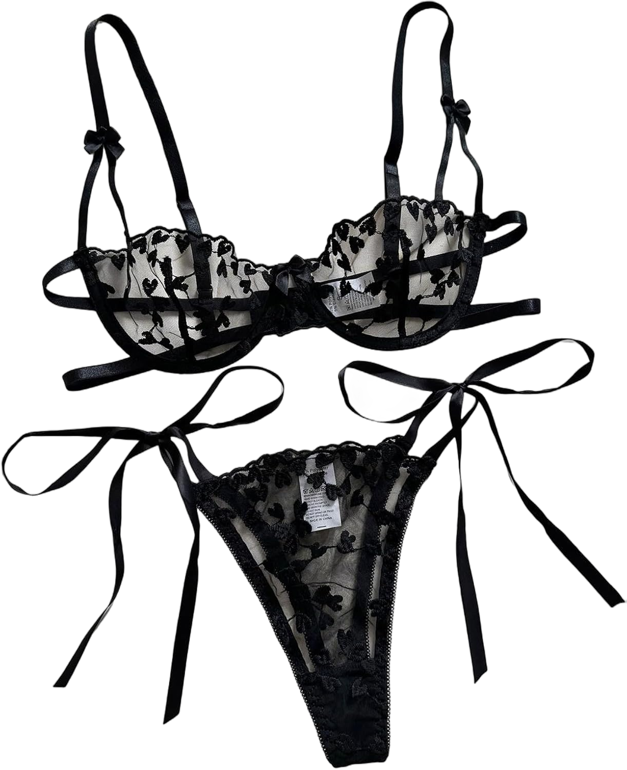 Heart Embroidery Lingerie Set Mesh Unlined Bra & Strappy Thong Women's Sexy Lingerie & Stocking Lingerie for