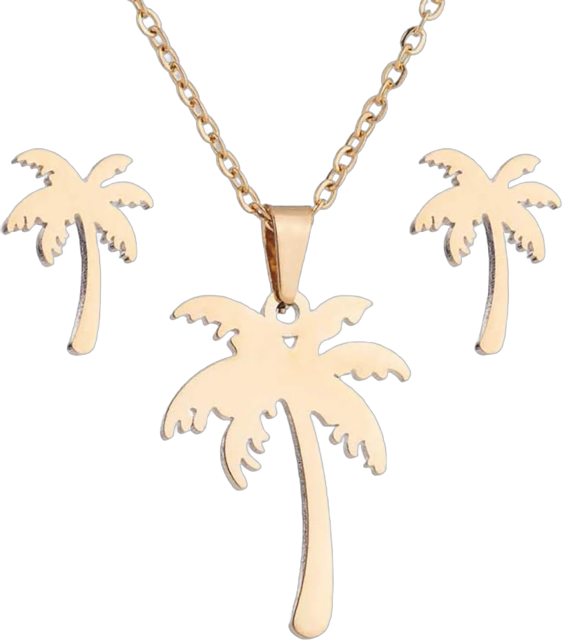 Stainless Steel Hawaii Tropical Plant Pendant Necklace for Women Coconut Palm Tree Stud Earrings Beach Set Jewelry (Gold)