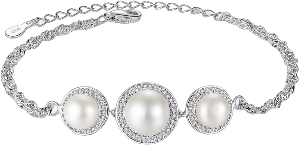 Red Lychee Freshwater Cultured Pearl Bracelet for Women Wedding Platinum Plated Sterling Silver Pearl Bracelets Genuine White Pearls Simulated Diamond Bracelet Link 7”+2"