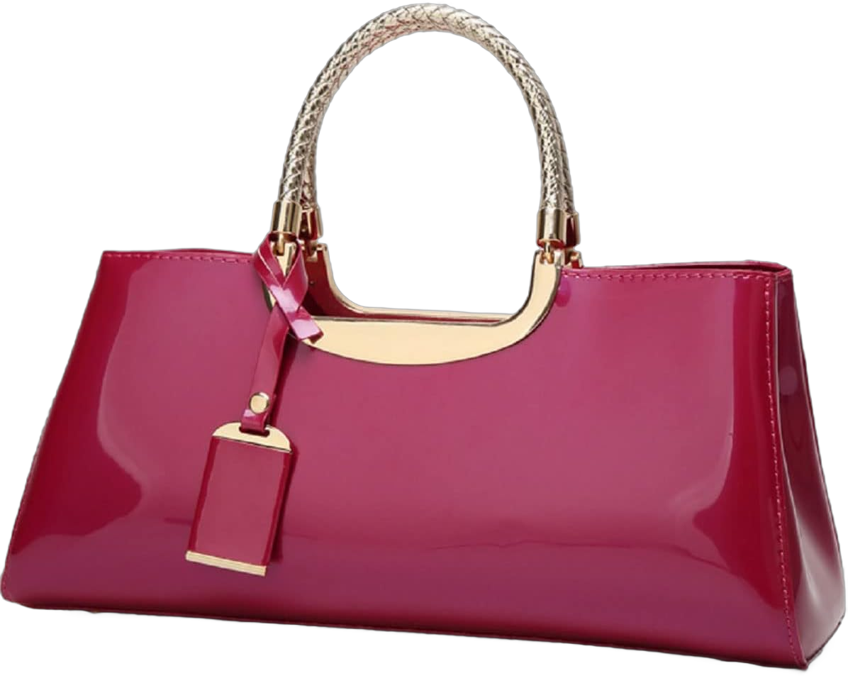Glossy Women Handbag Faux Patent Leather Top-Handle Bag Structured Shoulder Bag Tote Evening Purse Party Satchel Rose