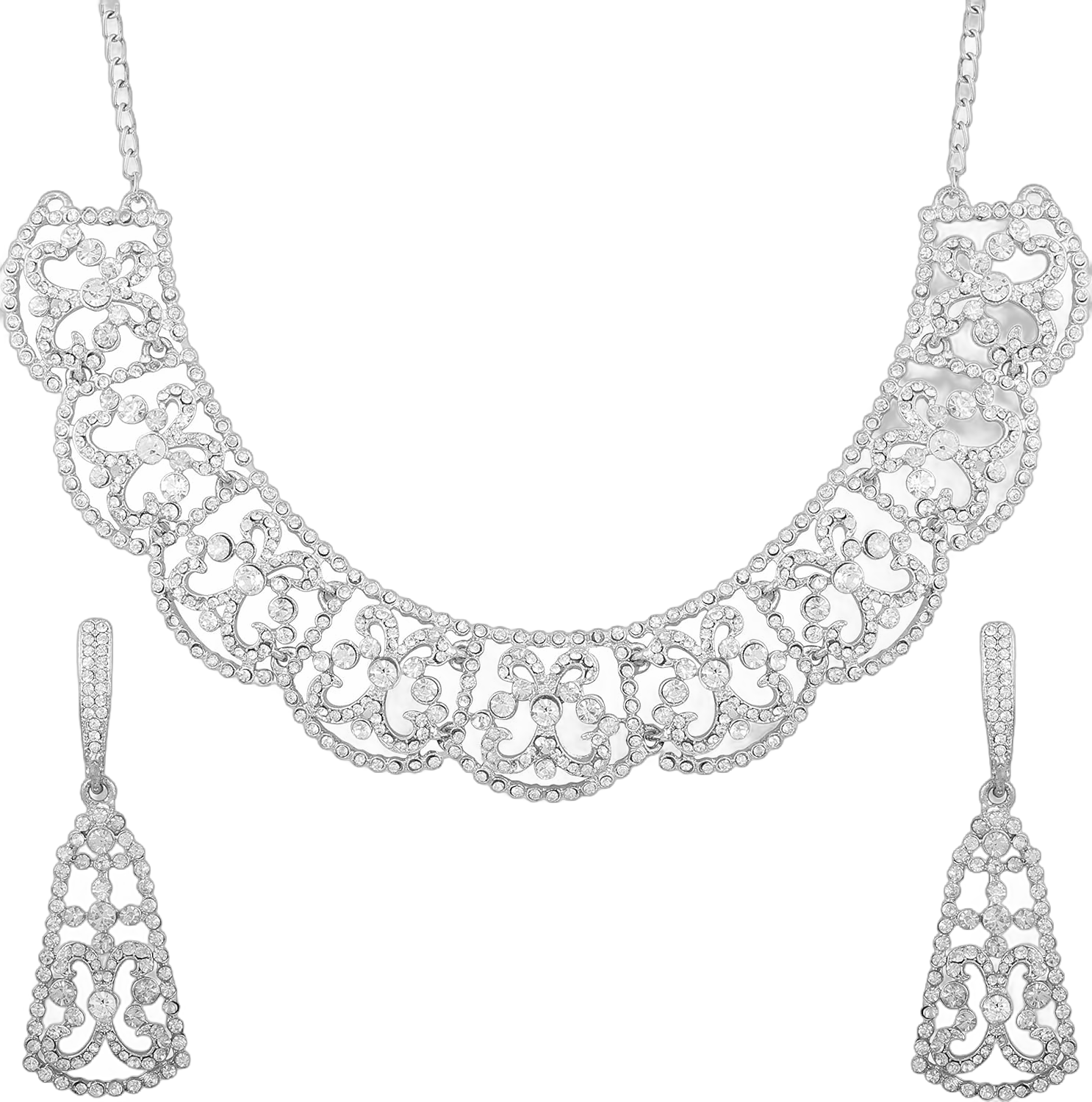 Touchstone Indian Hollywood Fashion Handcrafted Filigree Rhinestone Designer Jewelry Grand Bridal Hassle Necklace Set in Gold Or White Tone for Women. D234 White