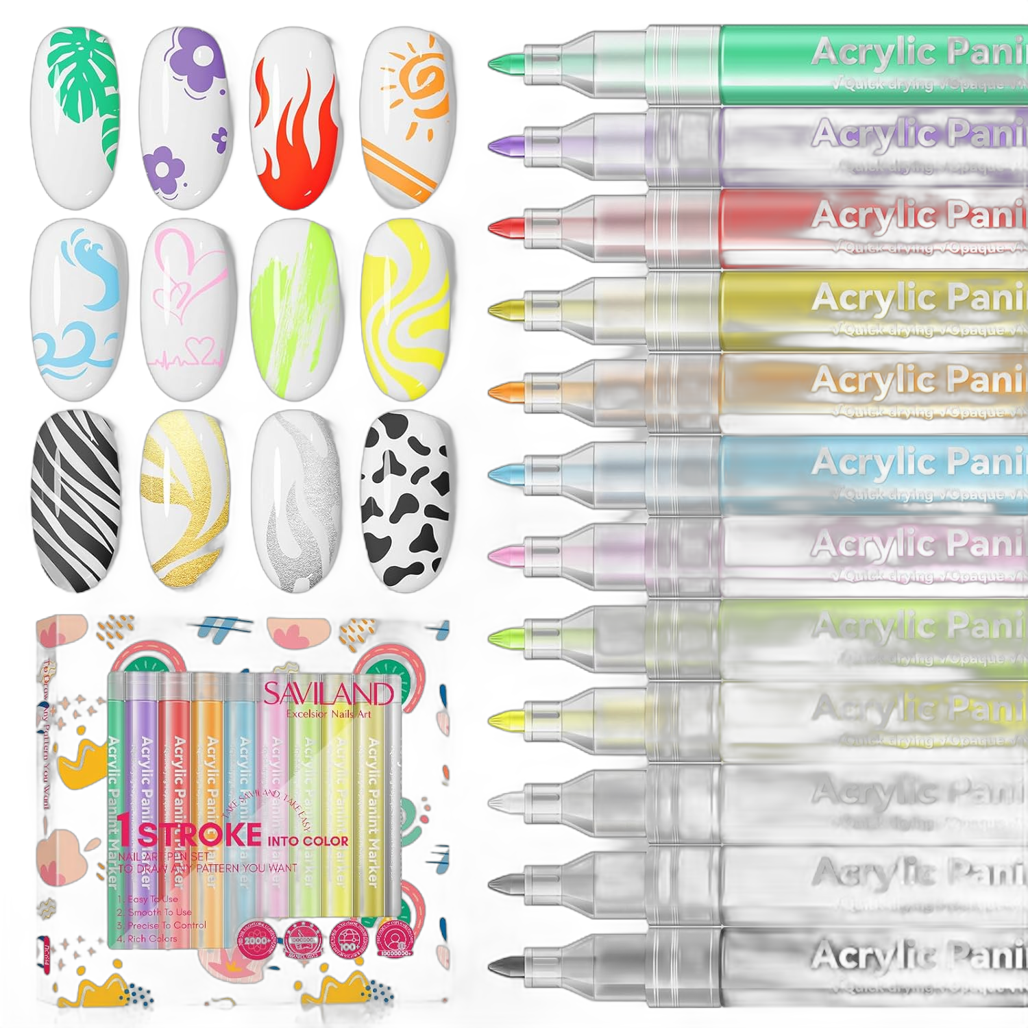 Saviland 12 Colors Nail Art Pens Set - 3D Nail Polish Pens Acrylic Paint Pens Nail Markers for Nail Art Drawing Painting Nail Point Dotting Liner Pen Manicure Tools Nail Design Kit Home Nail Salon DIY