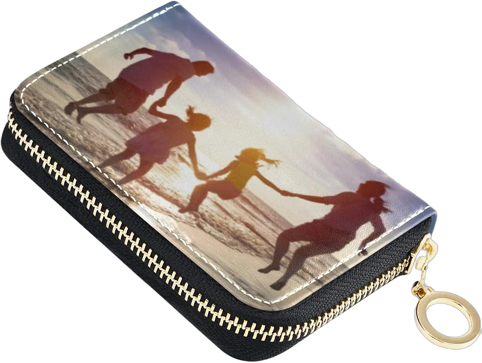 Custom Women's Credit Card Holder Wallet Add Your Photo Name Text Personalized RFID Blocking Zipper Pocket Leather Card Case Customized Happy Family Wallet