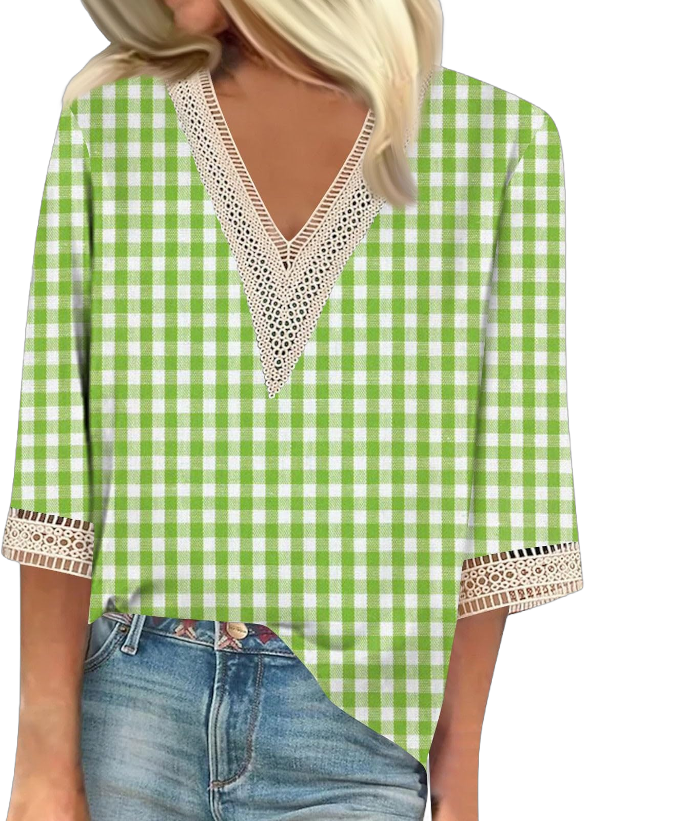 Womens 3/4 Sleeve Tops Dressy Casual Boho Floral Print Blouse Loose Fit Summer Lace Trim V Neck Tunic Tops T Shirts #20green XX-Large
