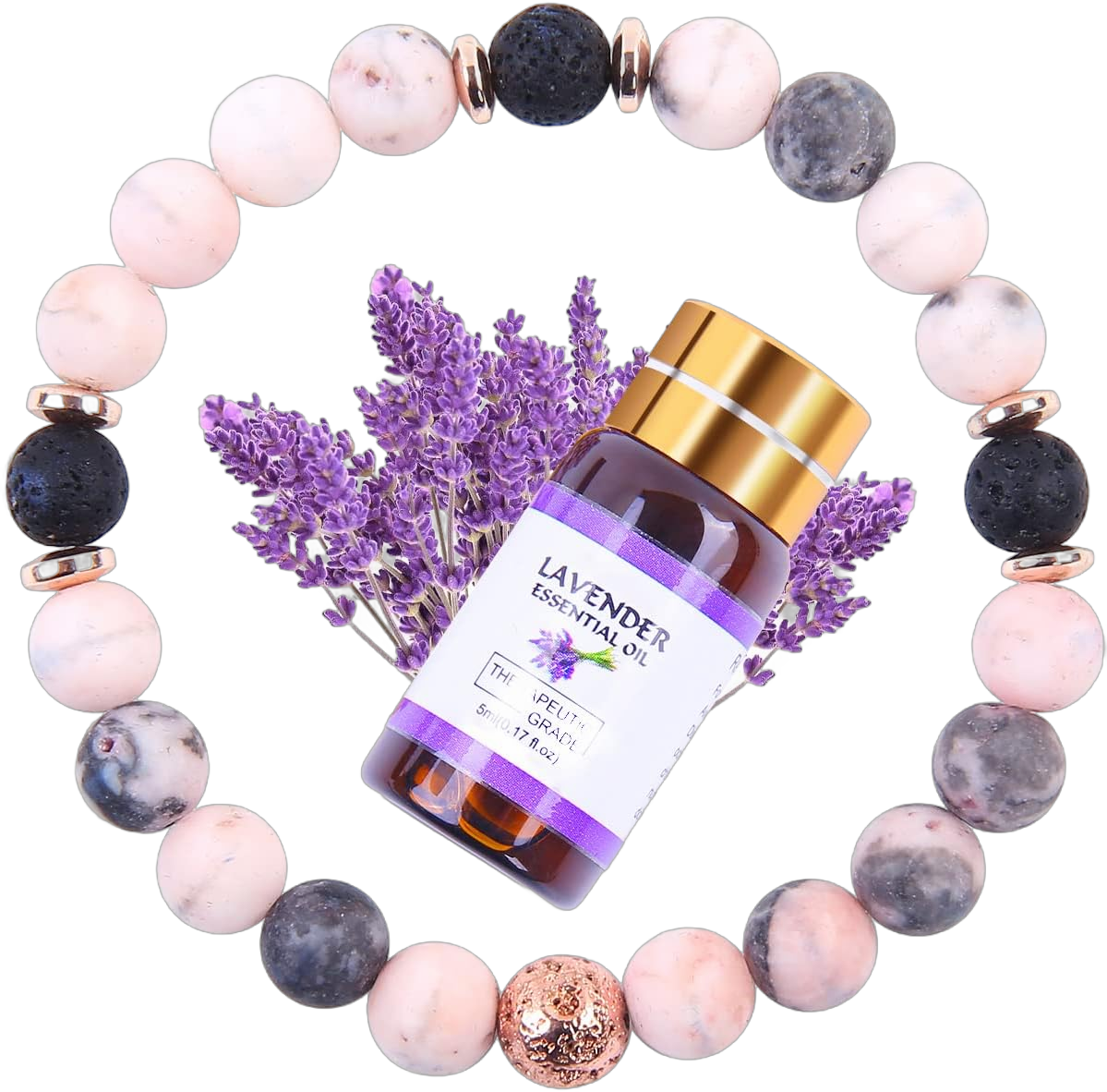 Lava Rock Diffuser Bracelets, Stone Beaded Bracelets Gift for Women Jewelry, Come with 5ml Lavender Essential Oil (Pink Zibra)