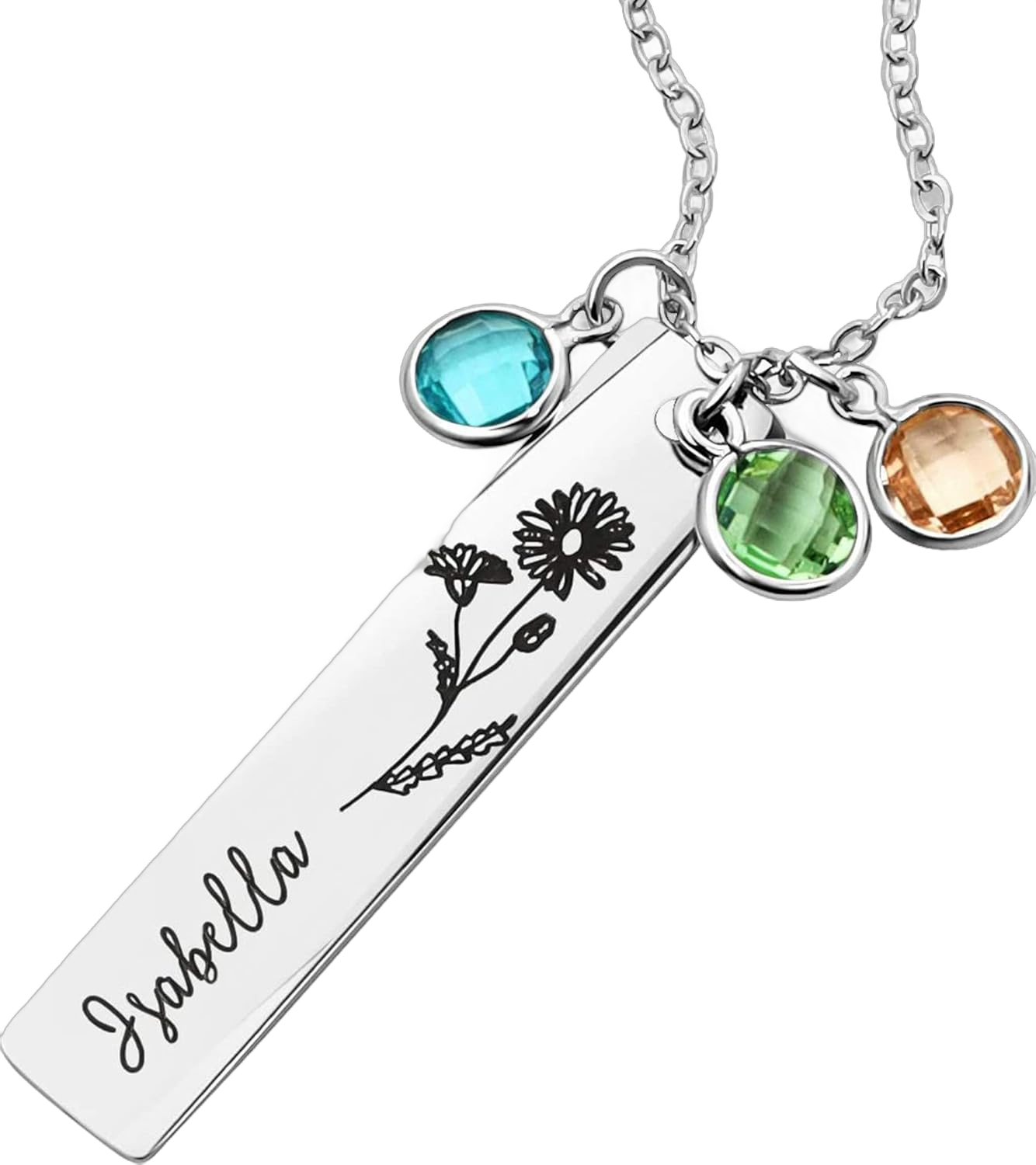 Personalized Birthstone and Birth Flower Bar Necklace, Custom Floral Jewelry, Engraved Name Gift for Mom, Mother's Day Gift for Women, Handmade Necklace for Her – 8N-FLBS-S