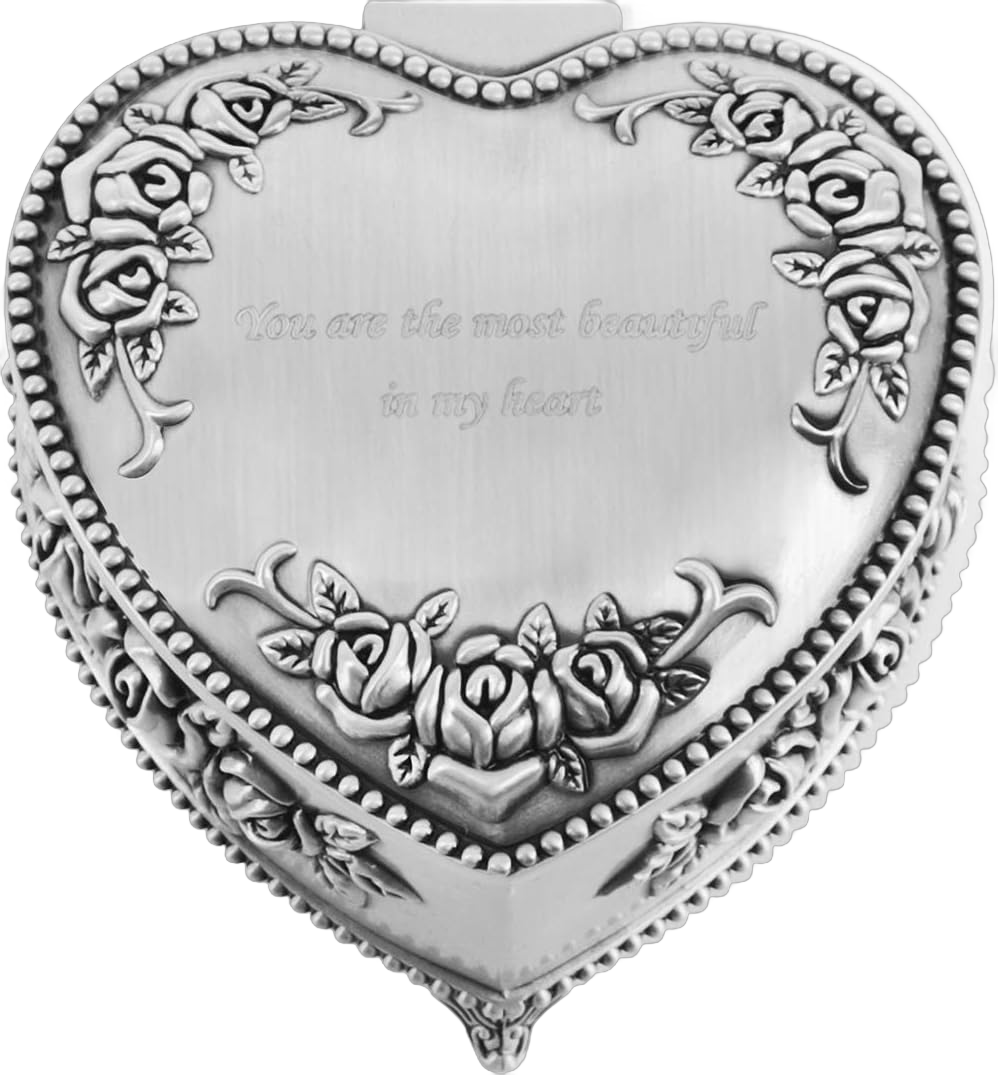 Custom Words Name Date Vintage Metal Ring Box Engraved Jewelry Box Personalized Heart Shape Wedding Ring Bearer Small Trinket Organizer Chest Earrings Necklace Holder Case, 3.1" x 2.8" x 1.2" Vintage Silver