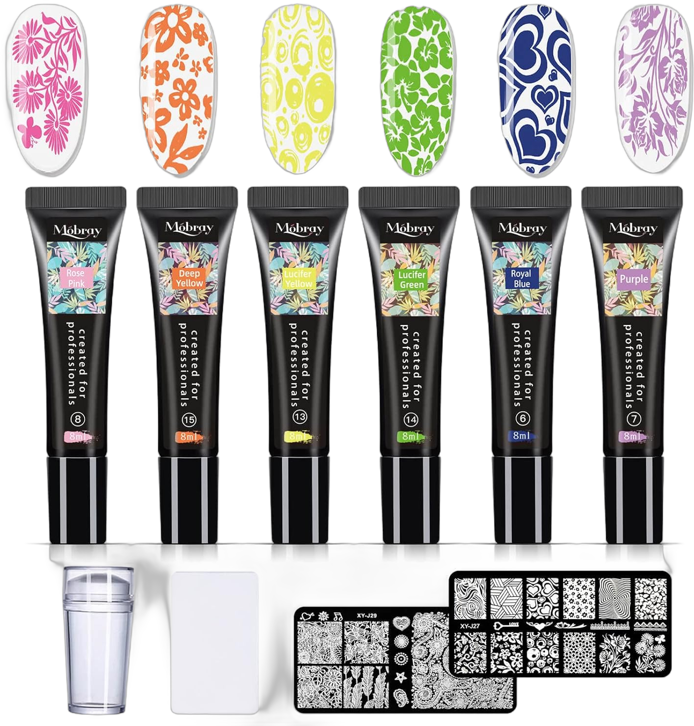 Mobray Nail Stamping Polish Gel 8 ml, 6 Colors UV LED Nail Stamper Kit with 1*Head Stamper 1*Scraper And 2*Leaves Flowers Animal Pattern Nail Stamping Plates Nail Polish Stamping Kit for Women Girls