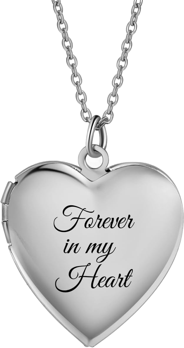 Personalized Photo Locket Necklace - Custom Name & Text, Heart Shape, Engraved, Holds Pictures - Customized Gifts for Women Silver