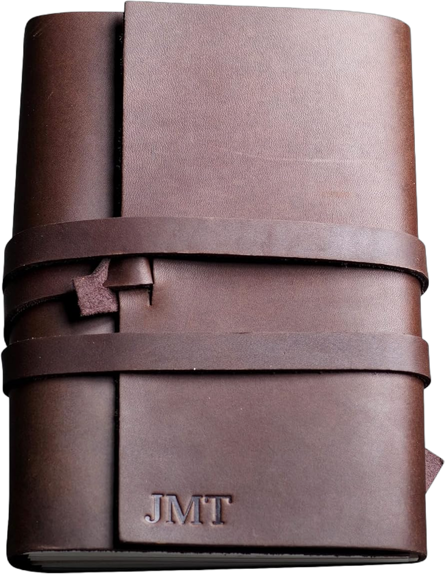Refillable Personalized Wrapped Leather Journal - Made From Full Grain Leather - Ox & Pine - Comes With and Holds 4 Kraft Paper Notebooks (4x6, Graph Paper, Dark Brown)