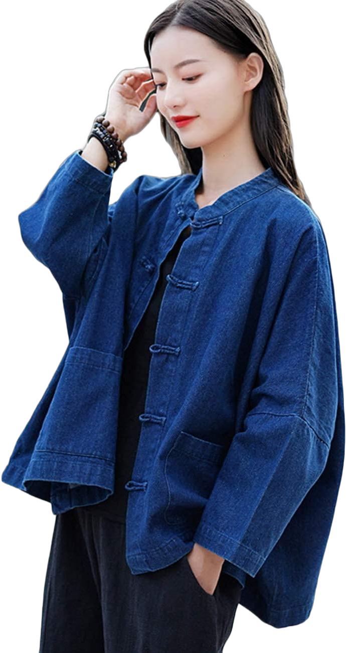 NFYM Women's Denim Jacket, Long Sleeve Vintage Hand Made Frog Buttons Loose Oversize Jean Jacket Coat One Size Deep Blue