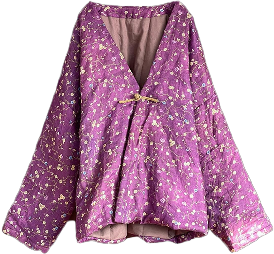 NFYM Women's Lightweight Quilted Kimono Jacket Linen Printed Open Front One Button Vintage Chinese Hanfu Style Outwear One Size Purple