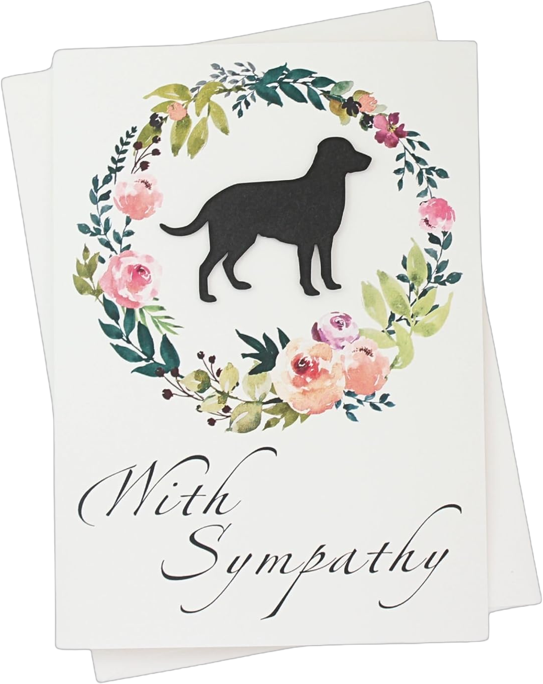 Labrador Retriever Floral Wreath Sympathy Card | Handmade 5x7 Pet Condolences Greeting | Dog Silhouette White Base Card | Lab