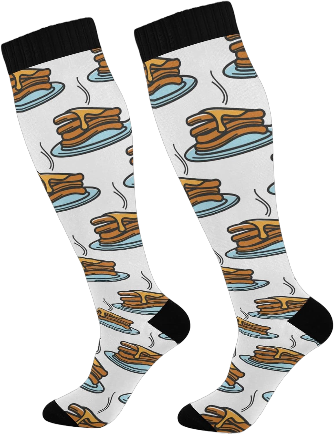 JUNZAN Canadian Breakfast Pancake Maple Syrup Knee High Socks Compression Socks for Women Men Kid for Running Sports Nurse