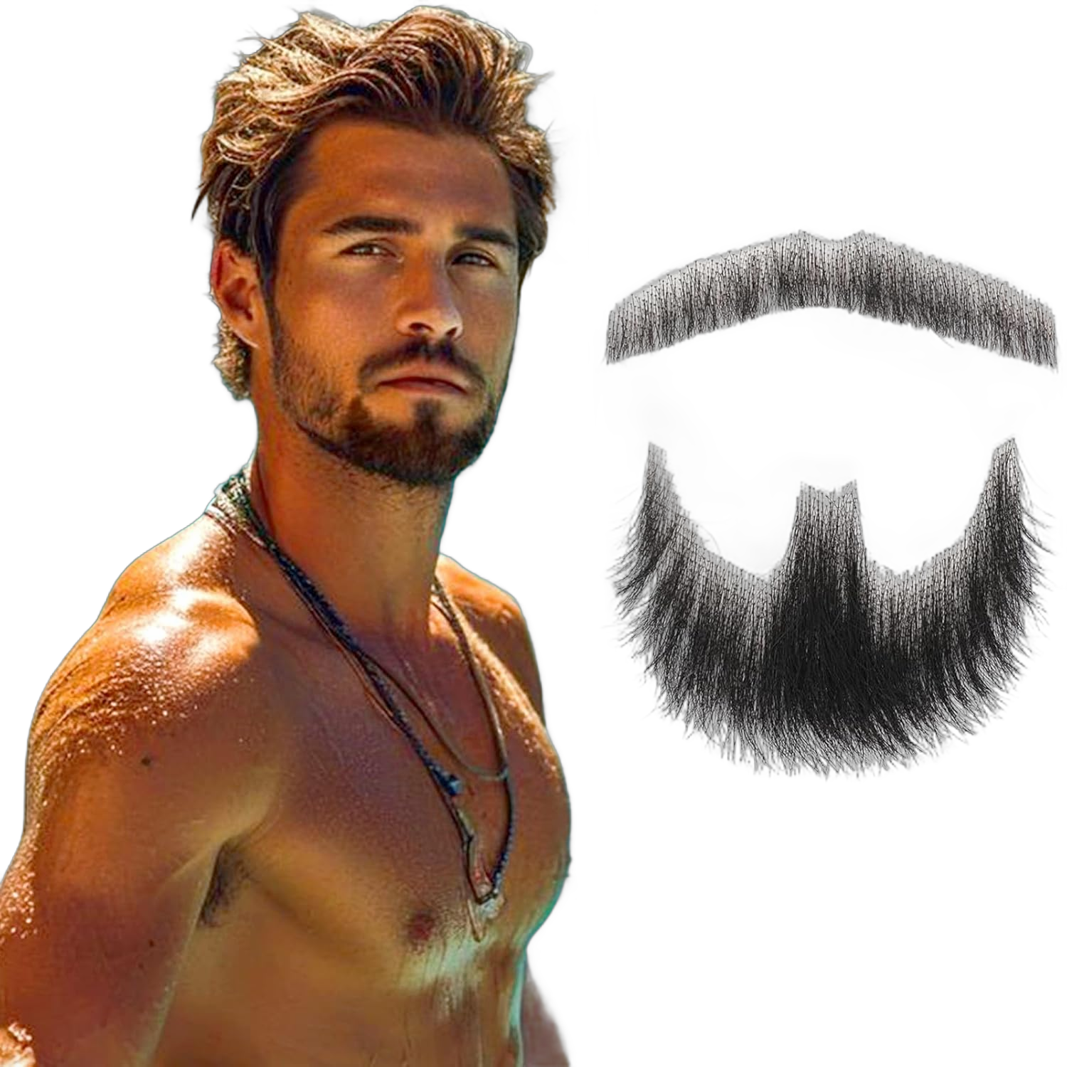 Fake Beard Realistic 100% Human Hair Full Hand Tied Goatee False Beards Lace Invisible Fake Mustache for Halloween Dressing Men Makeup Entertainment/Drama/Party/Movie Prop (Black)