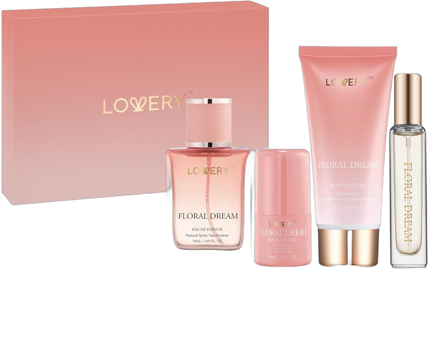 Gift for Women, Floral Dream 4 in 1 Womens Perfume & Deodorant Set - 4pc Pink Eau de Parfum Fragrance Sets - Perfumes for Women Gift Set with Non Toxic Antiperspirant Stick, Body Lotion & Mini Perfume