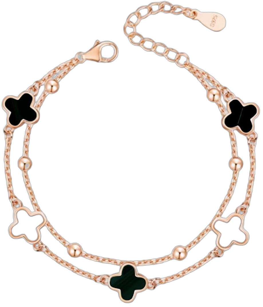 Double Layered 4 Leaf Clover Bracelet, S925 Silver 18K Rose Gold Plated & Adjustable - Clover Charm Bracelet Jewelry for Women