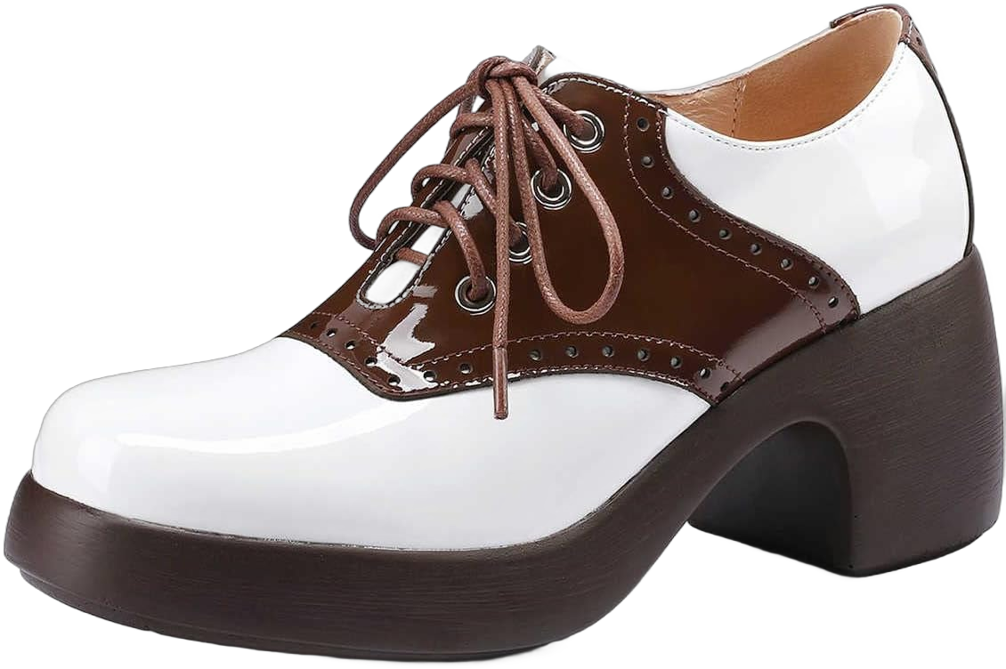 Women's Saddle Shoes, Retro Perforated Leather Oxfords, Platform Lace Up High Chunky Heels Pumps 7 Brown & White