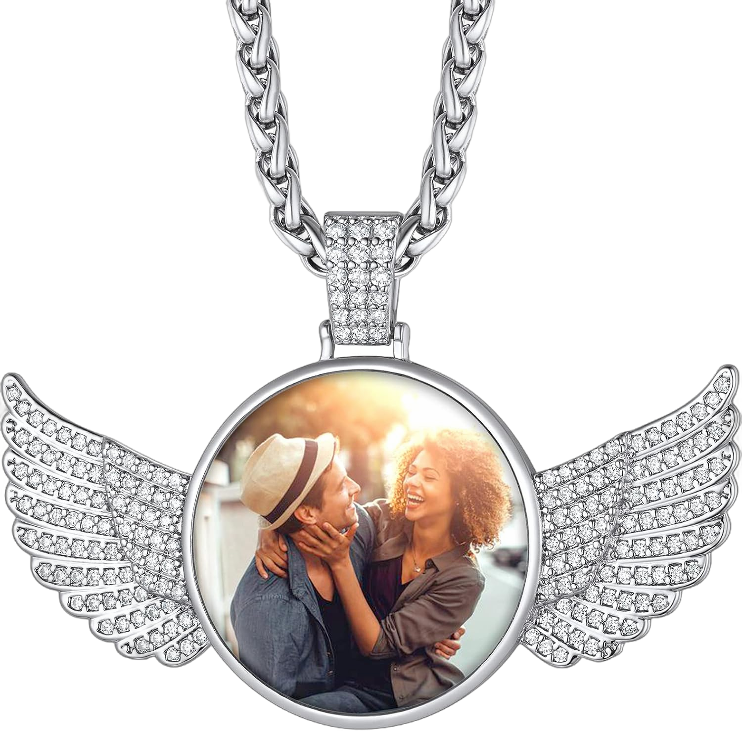 ChainsHouse Personalized Custom Picture Pendant Necklace for Women Men, Stainless Steel/18K Gold Plated Oval/Round/Heart/Frame/Wing/Hamsa Hand/Evil Eye Text Engrave Photo Customized Jewelry E: CZ Wing-Silver