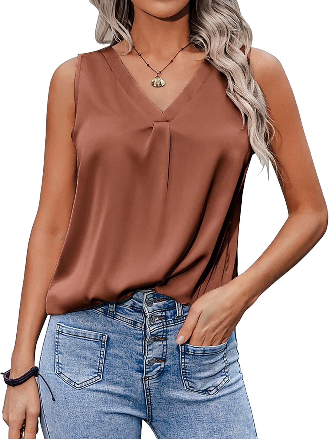 Zeagoo Womens 2025 Silk Satin Tank Tops V Neck Casual Cami Sleeveless Camisole Blouses Summer Basic Tank Shirt Small Terracotta